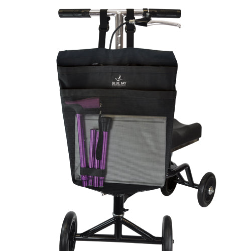 Universal knee scooter storage bag with two large hook-and-loop pockets attached to knee walker"