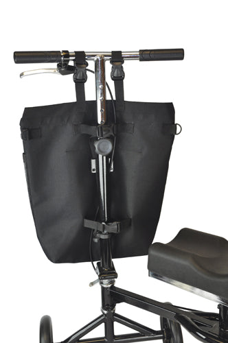 Heavy duty carry pouch for knee scooter showing front pocket detail and quick-click buckle attachment