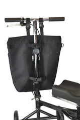 Heavy duty carry pouch for knee scooter showing front pocket detail and quick-click buckle attachment