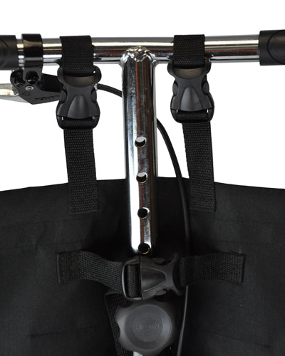 Knee walker storage bag open showing large main pocket interior 16.5 x 16 inches