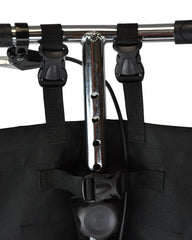 Knee walker storage bag open showing large main pocket interior 16.5 x 16 inches
