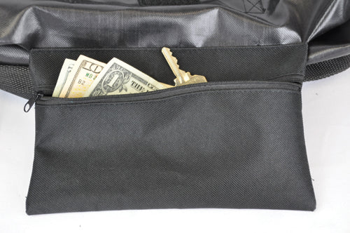 Storage bag attached to knee walker showing mesh exterior pocket 14 x 16 inches