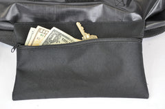 Storage bag attached to knee walker showing mesh exterior pocket 14 x 16 inches