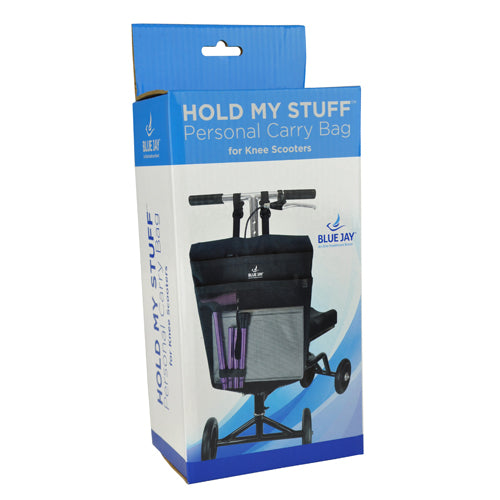 Heavy duty knee walker pouch tested to hold 25 lbs shown with personal items loaded
