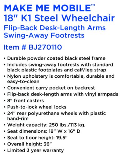 Make Me Mobile 18" K1 Steel Wheelchair Flip‑Back Arms Swing‑Away Footrests 250 lb - Precision Lab Works