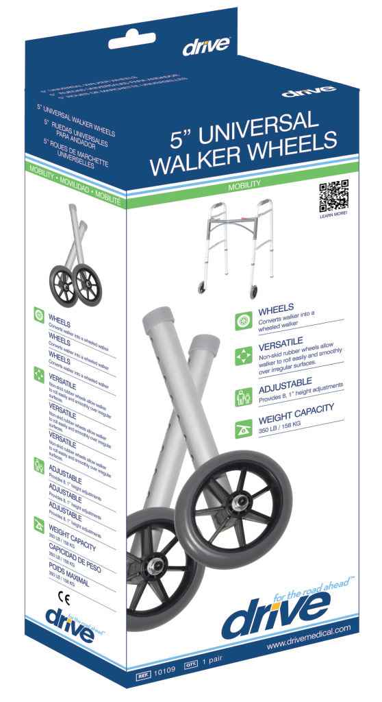 Drive Universal Walker Wheels 5 Inch Fixed with Rear Glide Caps Pair 350 lb