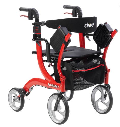 Drive Nitro Duet Rollator Transport Chair 2‑in‑1 Red 10" Wheels 300 lb Cap - Precision Lab Works