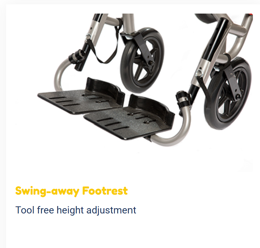 Trotter Mobility Chair 18 Inch Jet Fighter Blue showing swing-away footrest and tool free height adjustment
