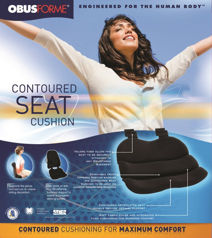 ObusForme Contoured Seat Cushion Black – Ergonomic Support for Home Office Car - Precision Lab Works