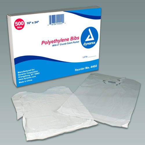 Disposable Polyethylene Bibs W/Crumb Pocket 16 x24  Bx/500 - Precision Lab Works